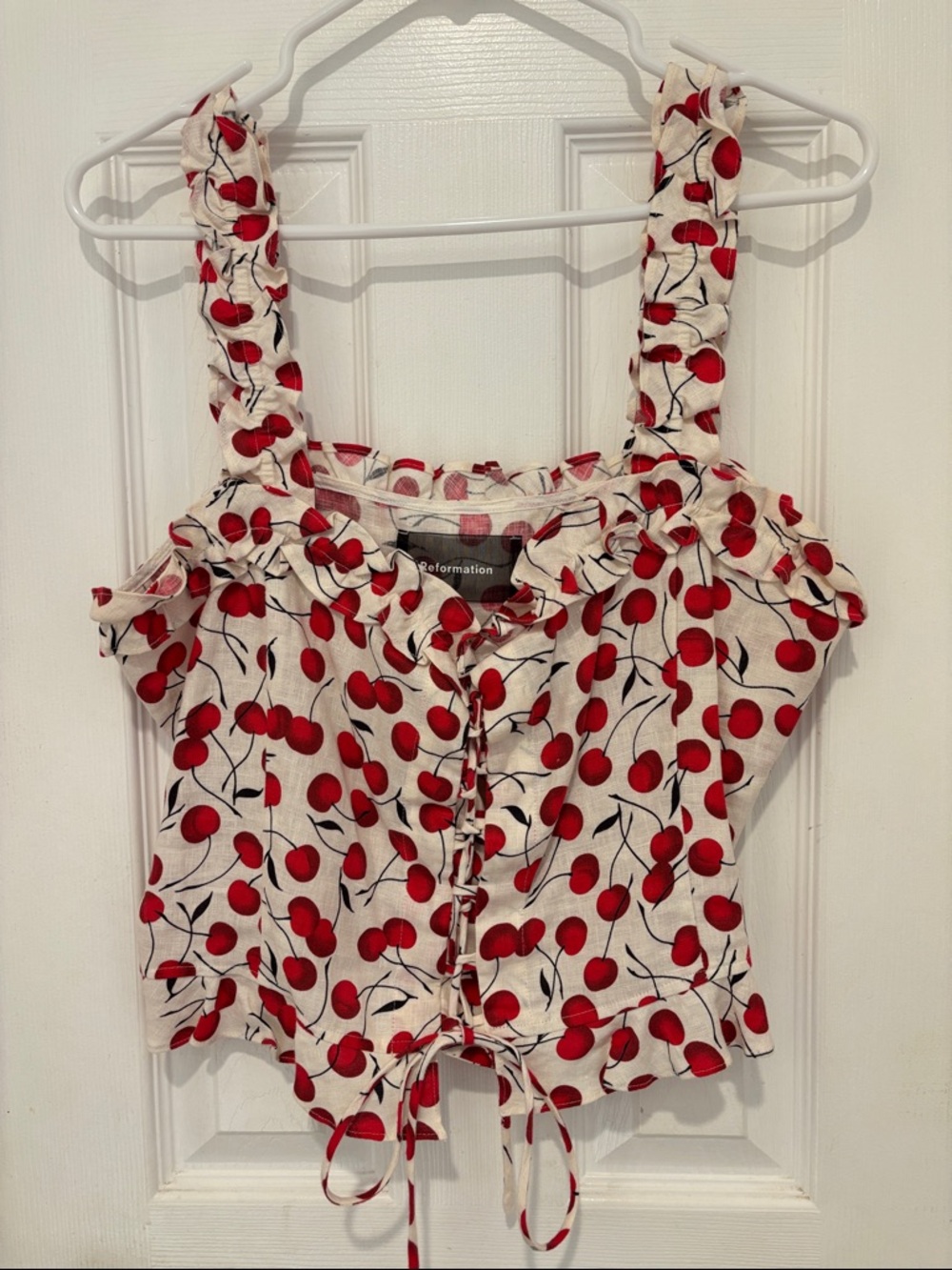 Reformation White Cherry-Print Ruffle Tie-Front Crop Top